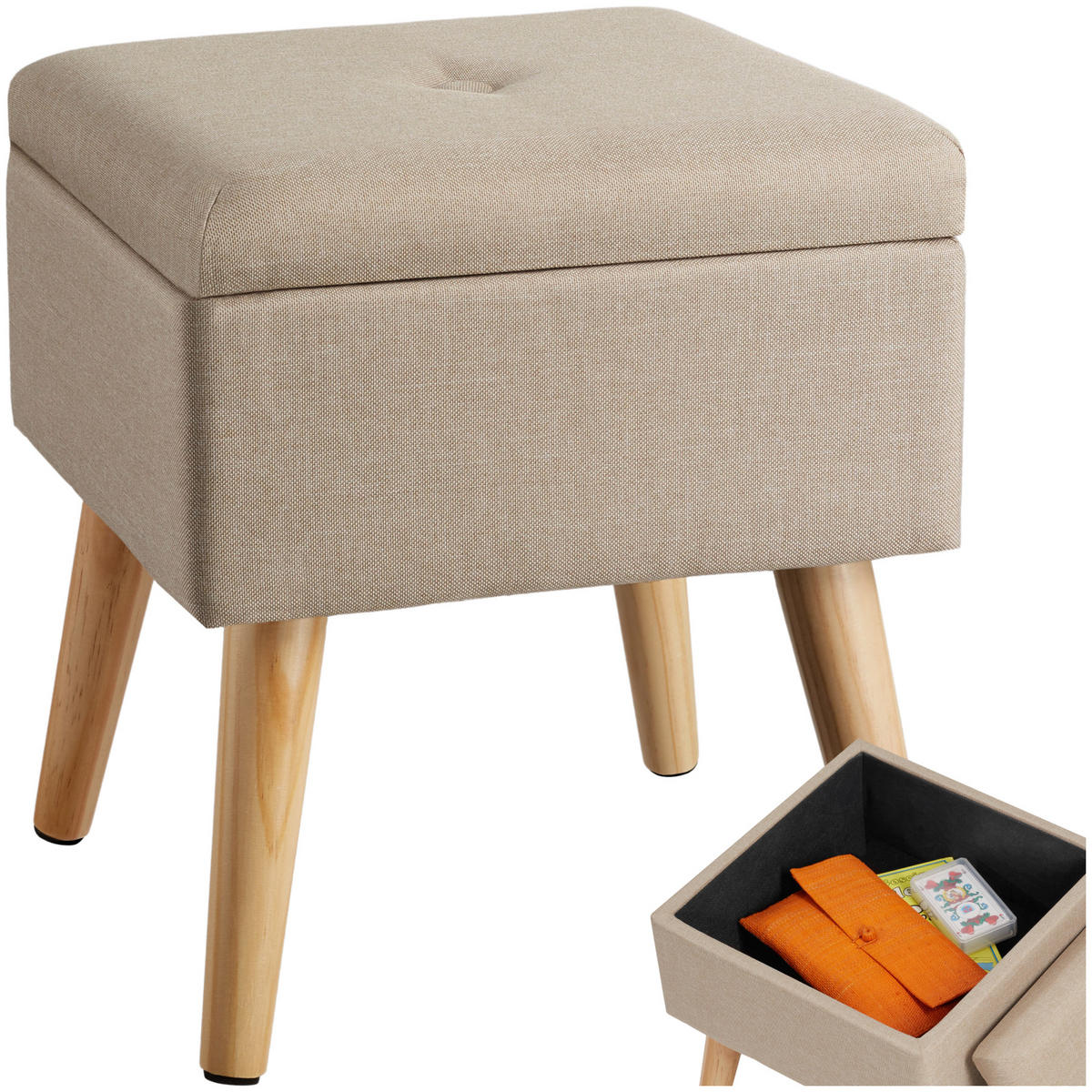 SITZHOCKER mit Stauraum Elva,32,5 x 32,5 x 36,5 cm,Sand - Sandfarben, Holz (32.5/36.5/32.5cm) - tectake