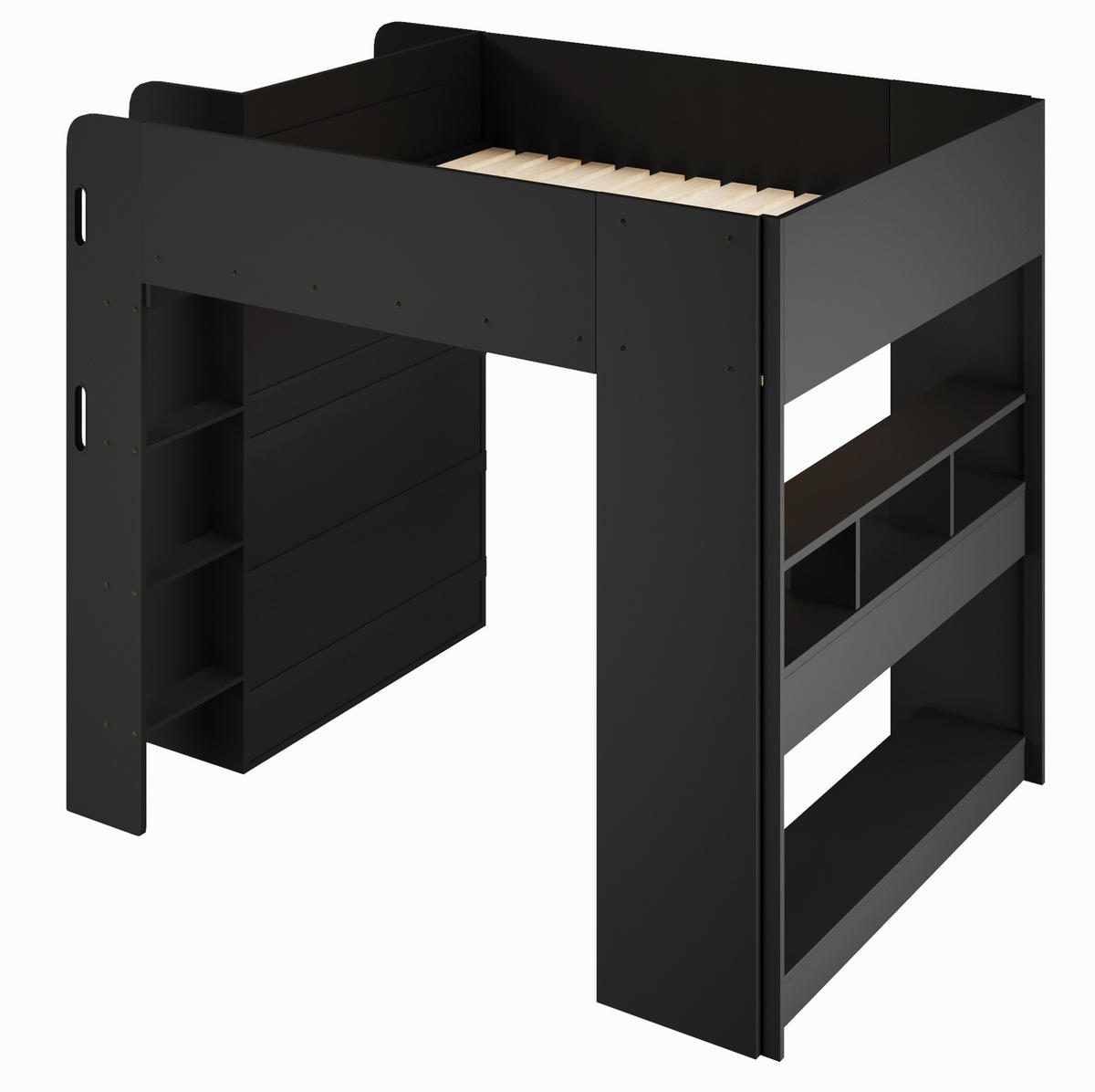 HOCHBETT aus MDF und Sperrholz 140x200 cm Schwarz mit Schreibtisch, Kleiderschrank und LED-Beleuchtung - Schwarz, Holzwerkstoff (140/200cm) - Modfu
