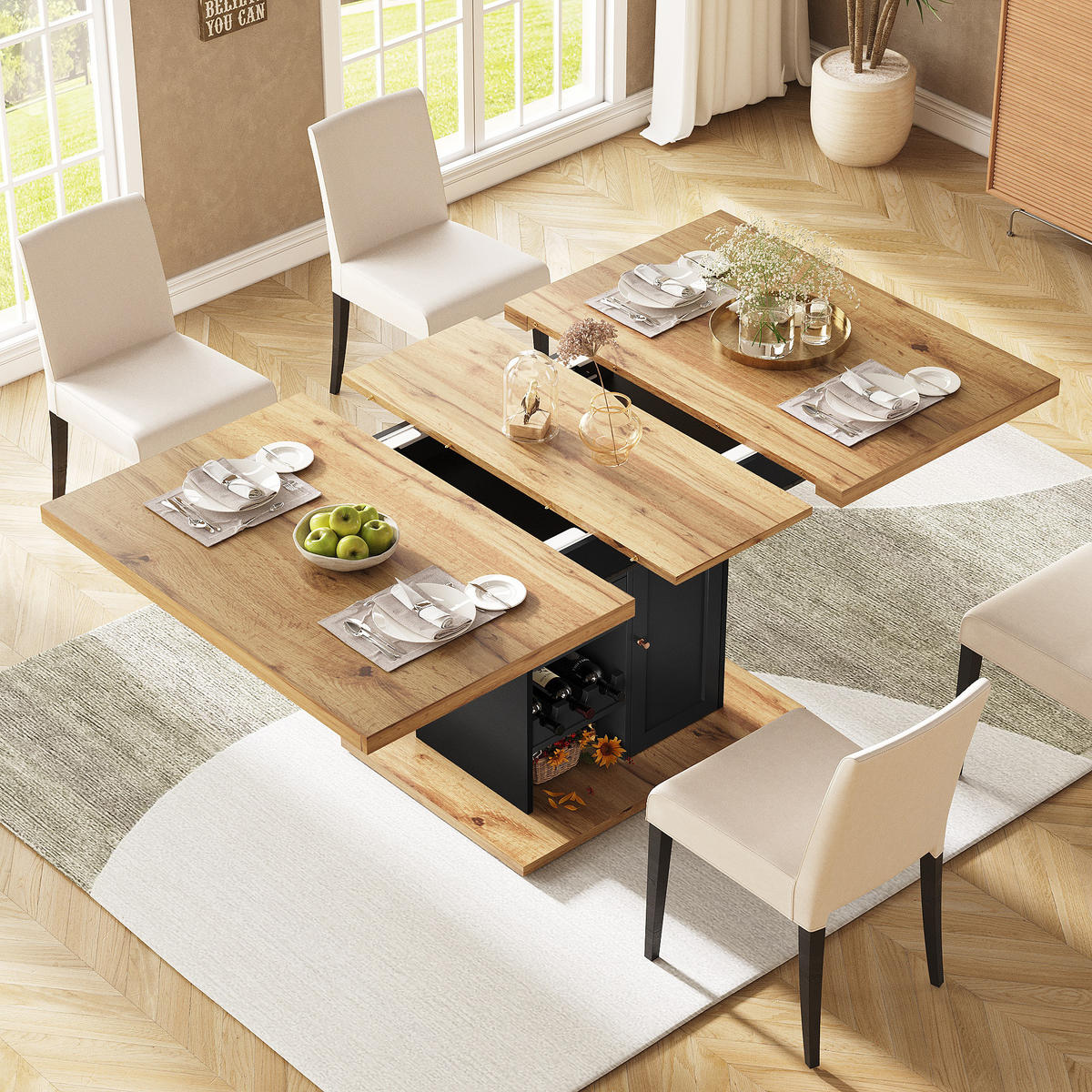 ESSTISCH aus MDF 110-140x80x75 cm Schwarz/Natur mit Auszug, Stauraum und Snack-/Weinregalen - Schwarz, Holzwerkstoff (110/80/75cm) - Modfu