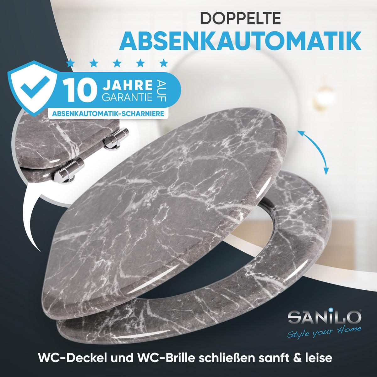 WC-SITZ mit Absenkautomatik Marmor Grau - Grau, Holzwerkstoff (38/6/47cm) - Sanilo