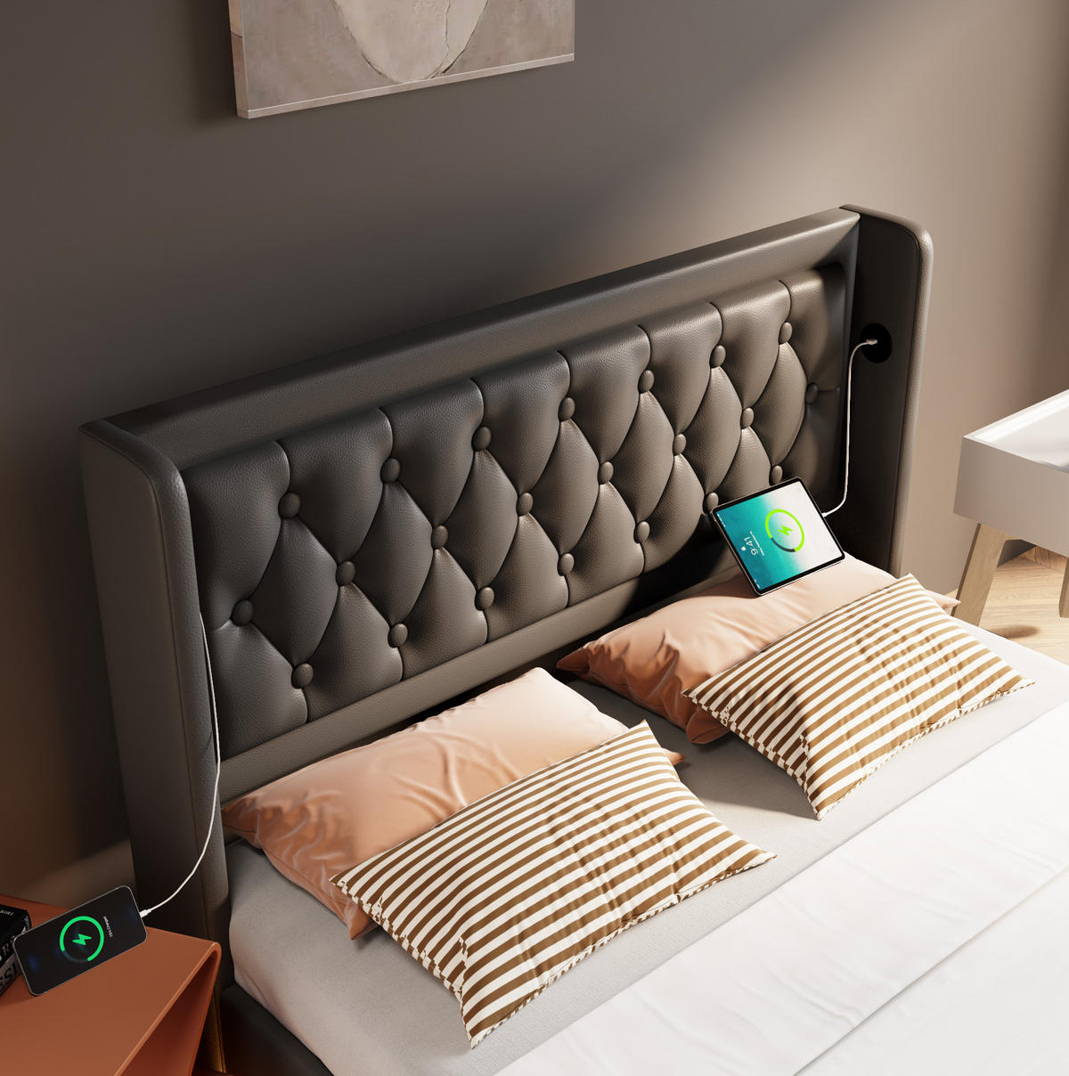 POLSTERBETT mit Bettkasten 180x200 cm PU Schwarz mit USB, Typ-C und LED - Schwarz, Metall (180/200cm) - Meubliv