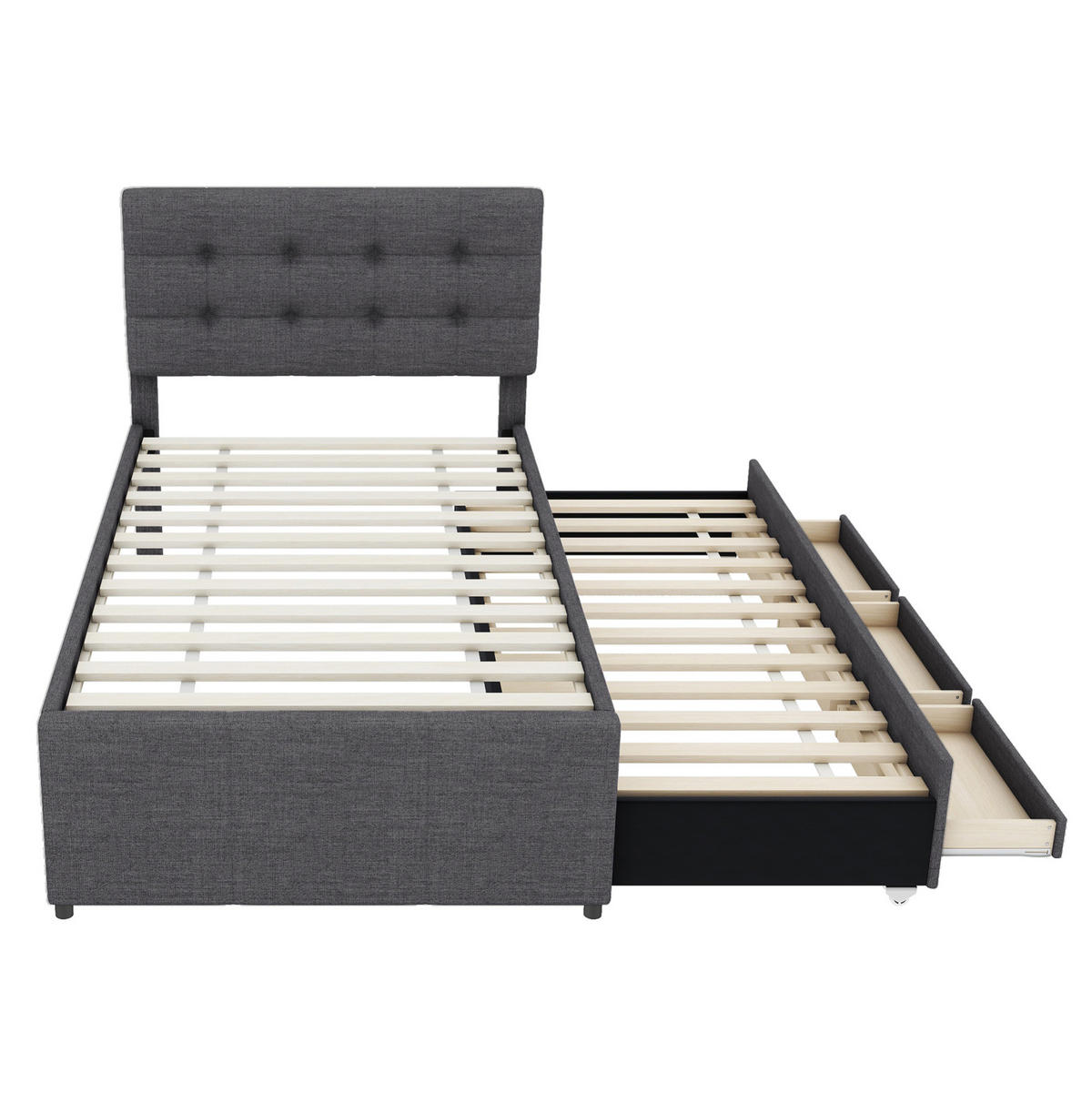 POLSTERBETT aus Leinen und MDF 90x200 cm Grau mit Ausziehbett, 3 Schubladen und verstellbarem Kopfteil - Grau, Textil (90/200cm) - IVMEU