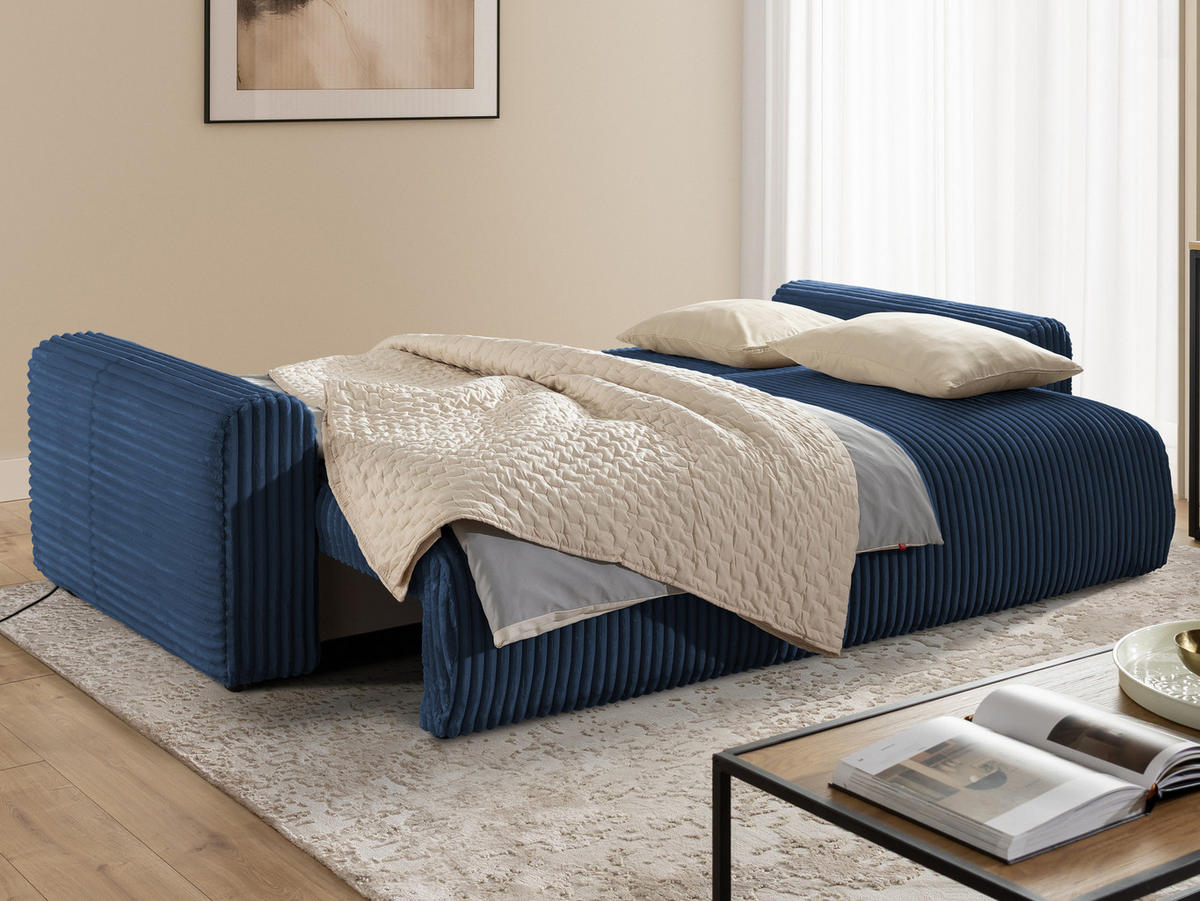SCHLAFSOFA Calma mit Bettkasten im Bumpy-Design aus weichem Marineblau Plüschcord - Blau/Schwarz, Holz/Kunststoff (239/88/98cm) - S-Style