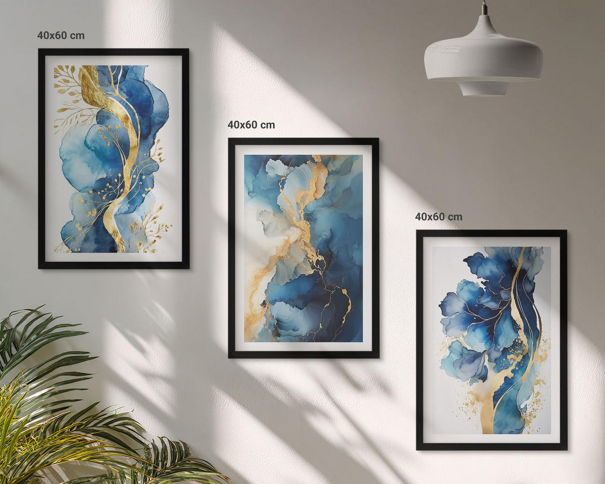 BILDER SET 3er Set - 40x60 cm Schwarzer Rahmen - Blaue abstrakte Muster - Schwarz, Kunststoff (40/60cm) - TULUP