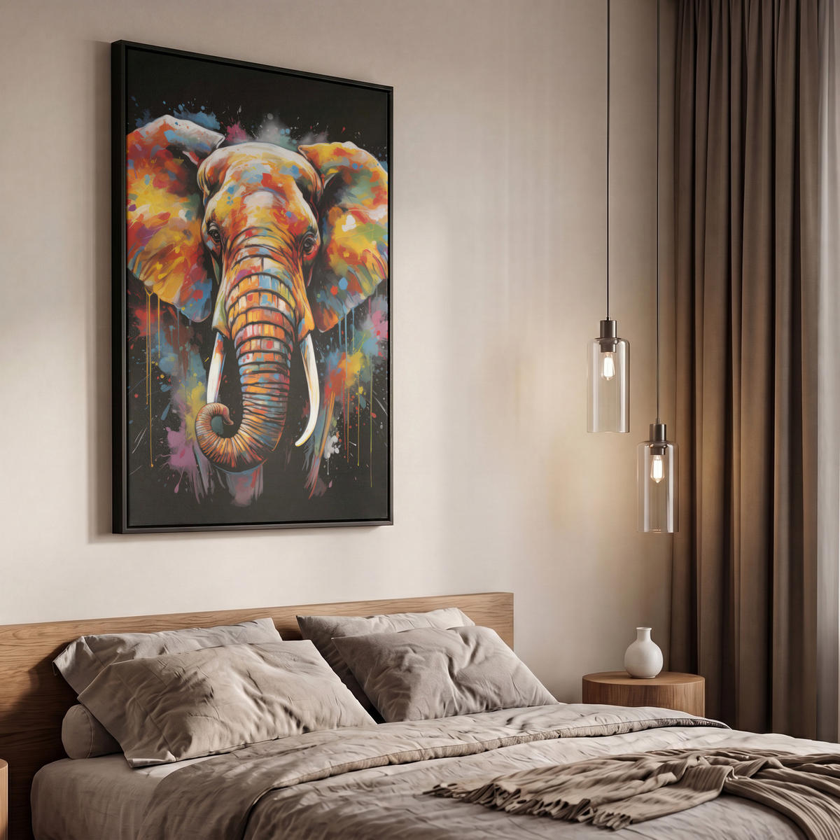 LEINWAND Bilder mit Rahmen - Elefant - Graffiti - Schwarz - Tiere - Farben - 60x90 - Schwarz, Textil (60/90cm) - MuchoWow