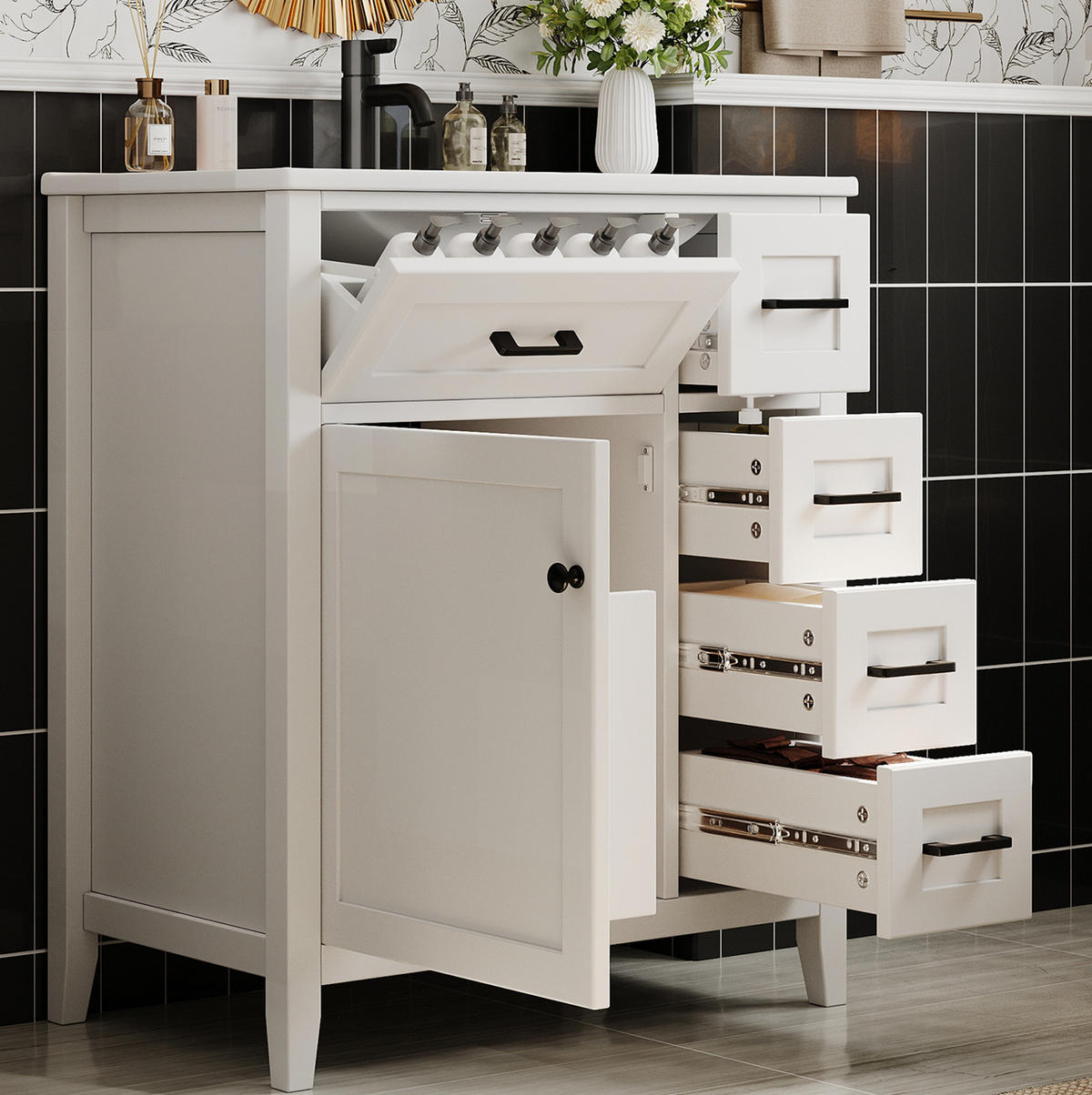 WASCHTISCHUNTERSCHRANK 76/46/90 cm weiß aus Keramik und MDF mit Stauraum - Weiß, Keramik (76/90/46cm) - OKWISH