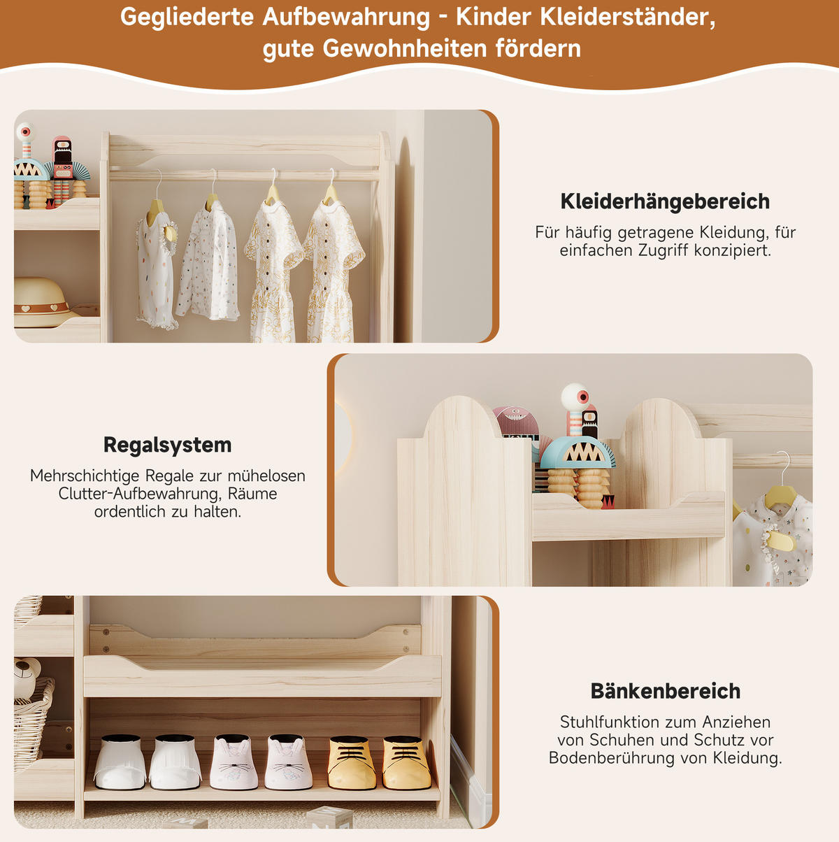 KLEIDERSCHRANK 110/39/110 cm in Natur mit Kleiderstange und 4 offenen Regalen - Naturfarben, Holzwerkstoff (110/110/39cm) - BEAOK
