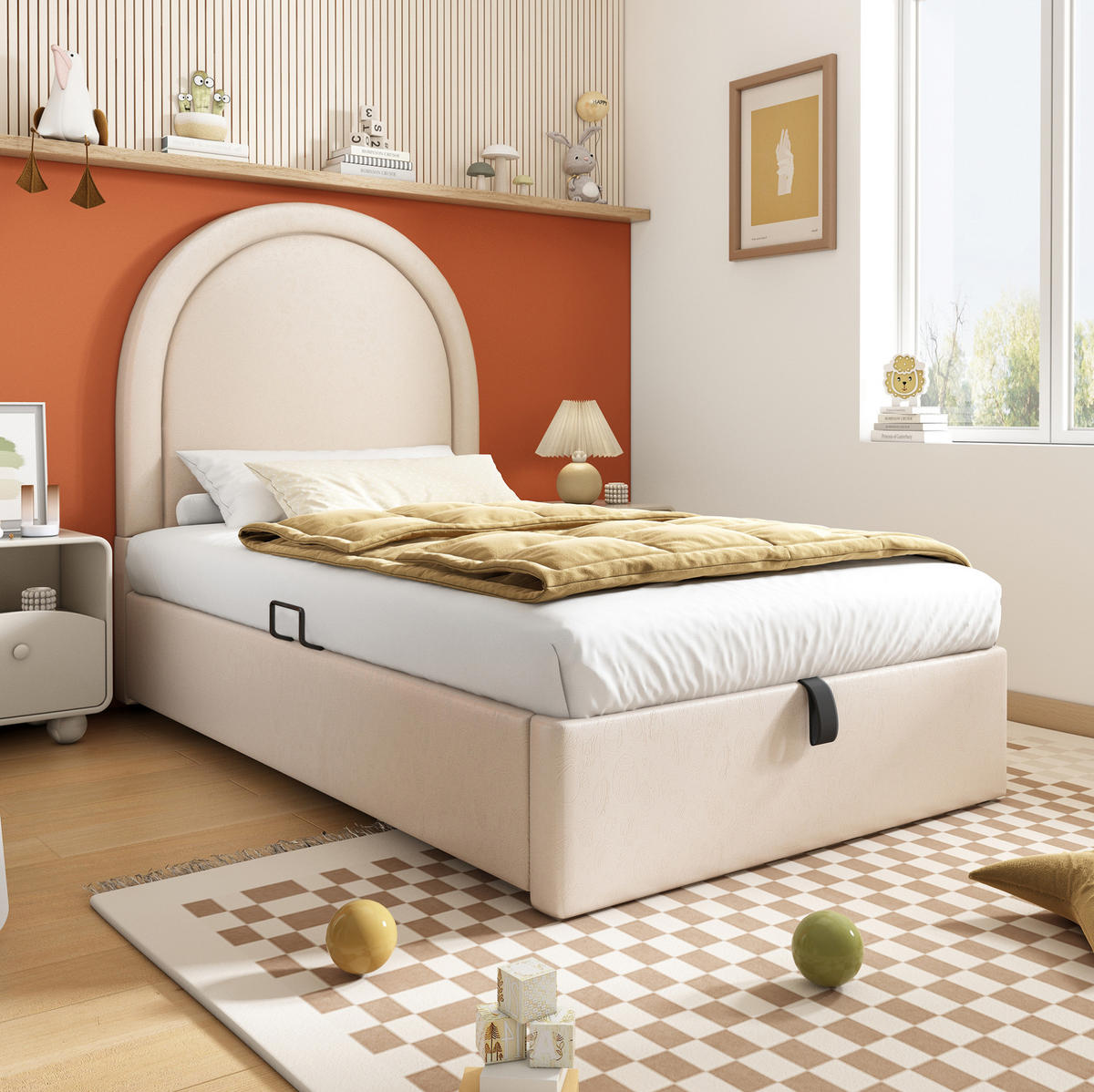 KINDERBETT 90/200 cm Beige aus PU mit Stauraum und hydraulischem Lattenrost - Beige, Kunststoff (90/200cm) - Flora Grace