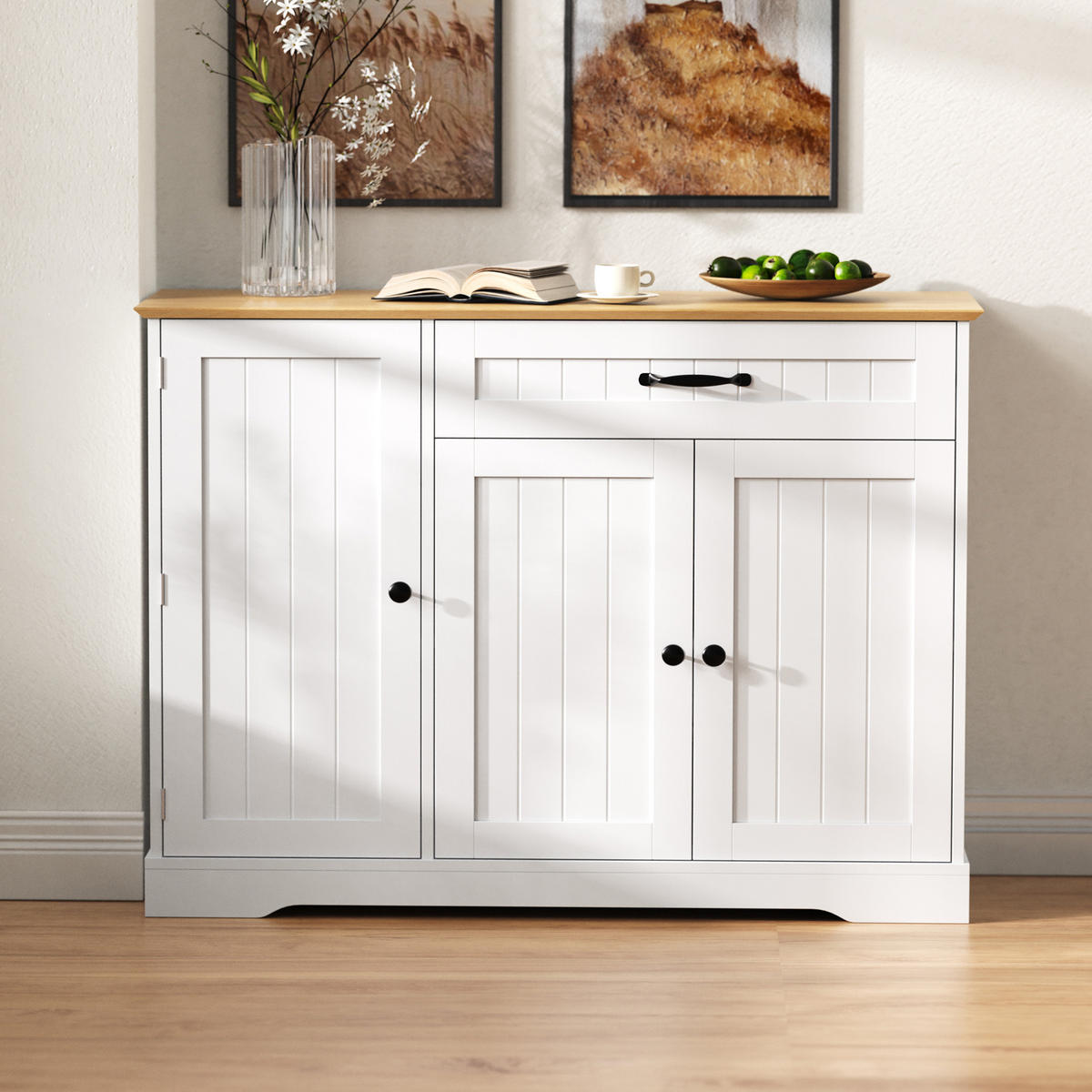 SIDEBOARD 107×40×83,4 cm aus MDF mit schwarzen Metallgriffen, weiß-natur - Weiß, Holzwerkstoff (40/83.4/107cm) - Luhomfu