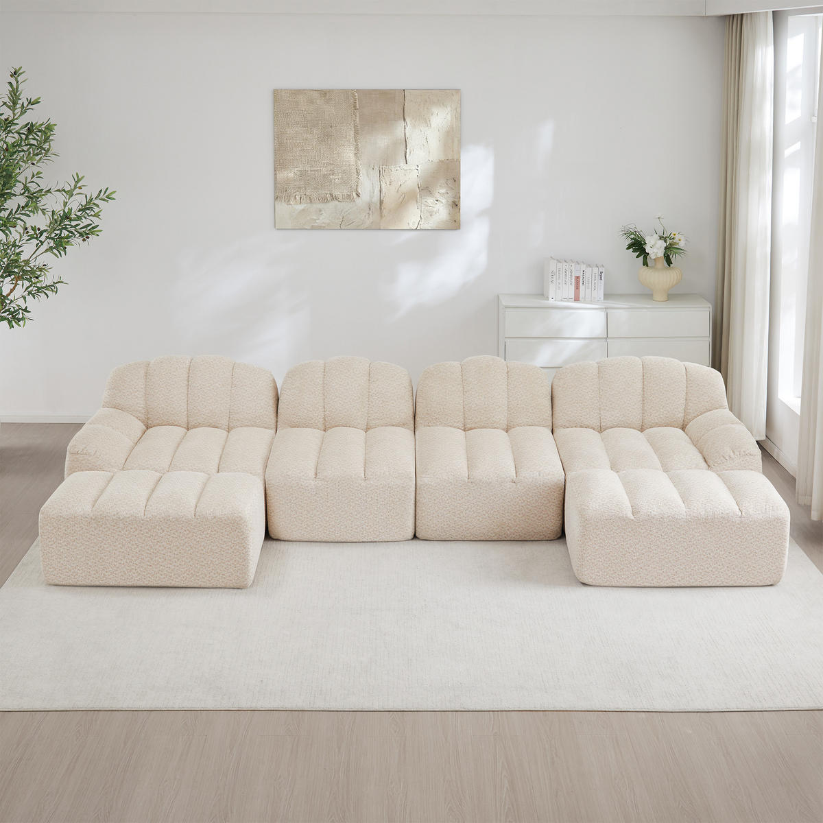 WOHNLANDSCHAFT Granulierter Fleece Beige mit 2 Ottomanen - Beige, Textil (366/79/165cm) - WISHDOR