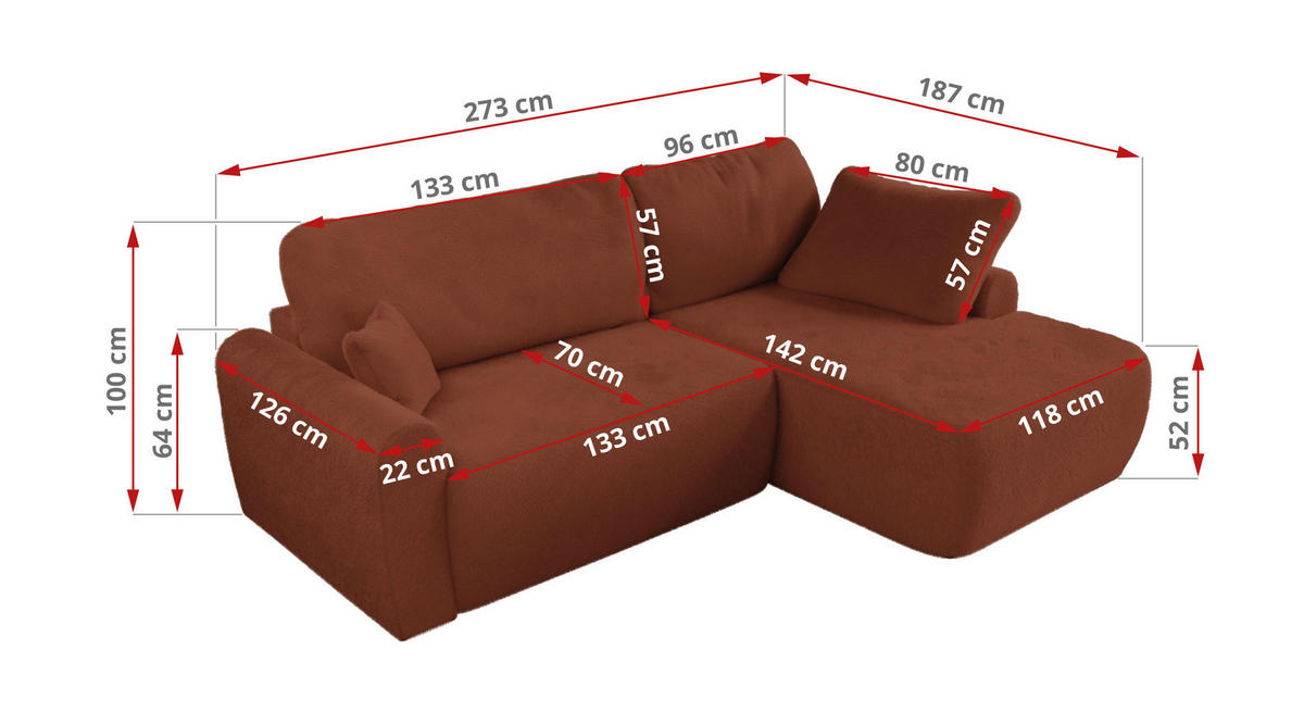 ECKSCHLAFSOFA CUBO L Orange Plüsch - links - Schwarz/Orange, Kunststoff/Textil (273/187cm) - MKS