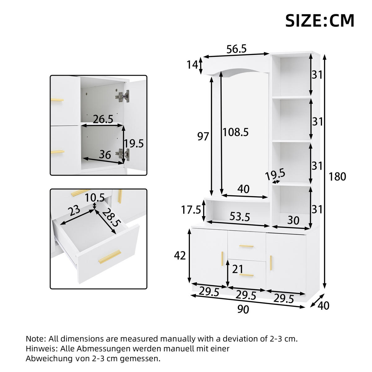 SCHUHSCHRANK aus MDF 90x40x180cm in Weiß mit Spiegel & Soft-Close - Weiß, Holzwerkstoff (90/180/40cm) - Modfu