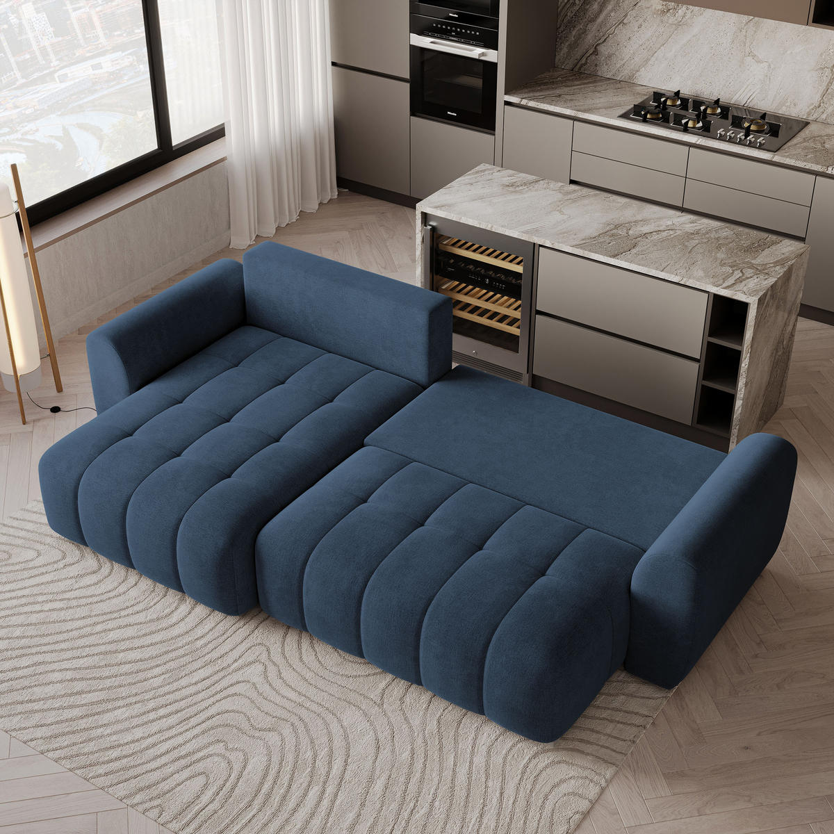 ECKSOFA MODARO CL Blau Samtstoff mit Schlaffunktion - Blau, Holzwerkstoff/Textil (285/148cm) - MASSENO