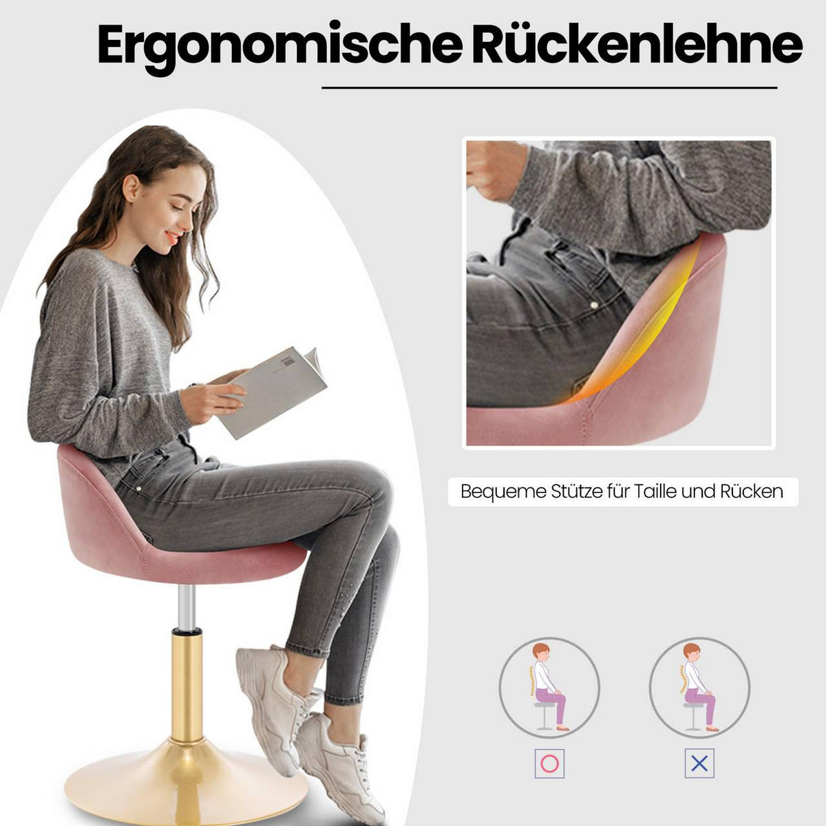 BARHOCKER 2er Set Drehhocker, Samt, Rosa+Gold - Goldfarben/Rosa, Kunststoff/Textil (38.5/49.5/43cm) - Woltu