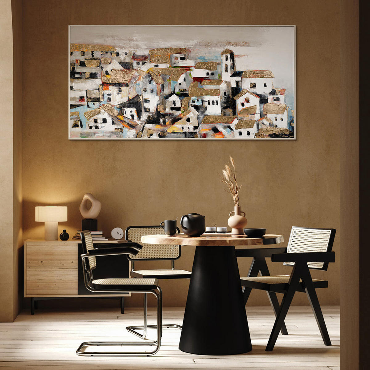 GEMÄLDE Häuschen im Sonnenlicht Schattenfugenrahmen Beige 140x70 cm - Beige, Holz (140/70cm) - YS-art gallery