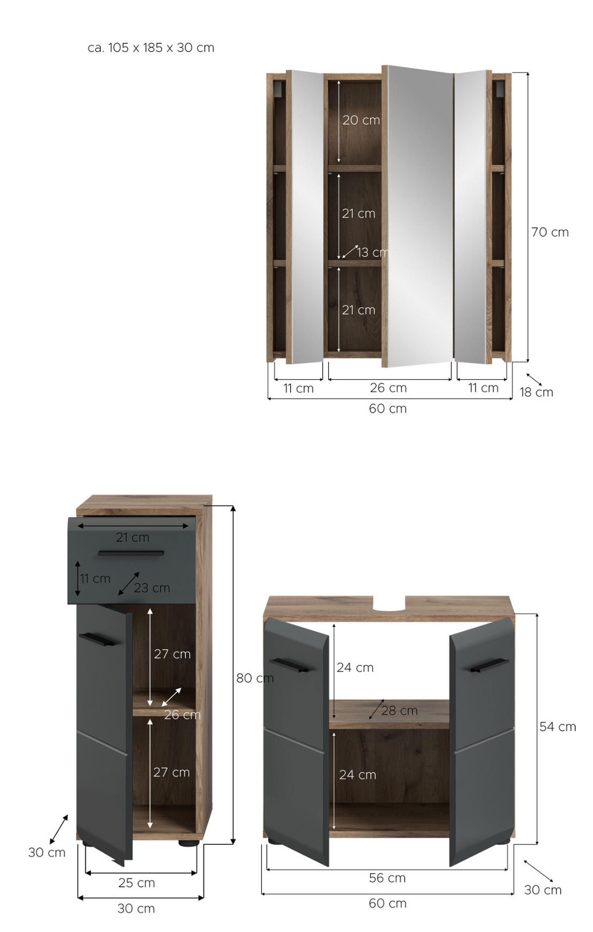 BADMÖBEL Set 3-teilig in schwarz matt und Nox Eiche Badkombination 105 x 185 cm Cover - Eichefarben/Schwarz, Glas/Holzwerkstoff (105/185/30cm) - Inn.Furn