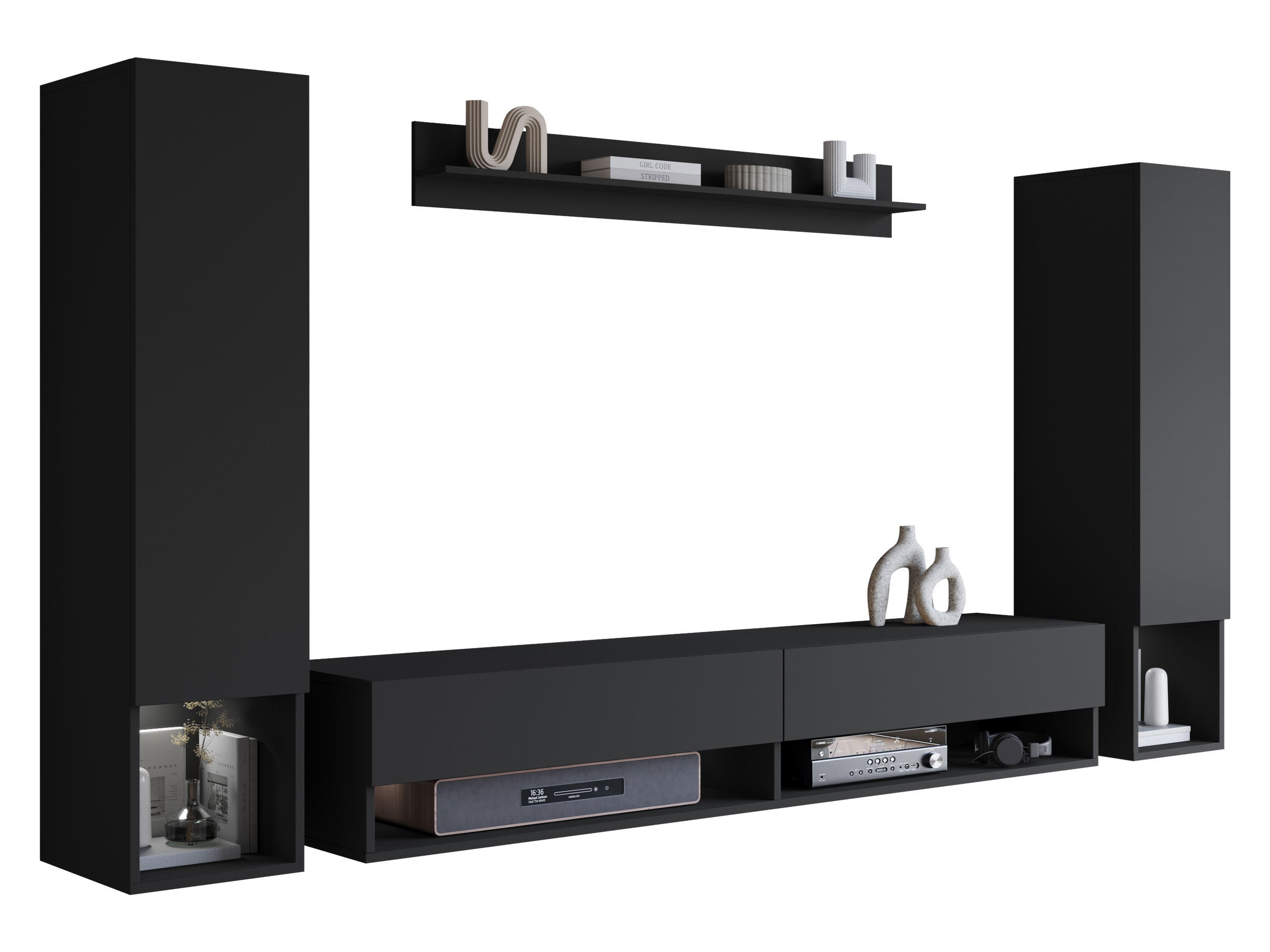 WOHNWAND Amadeo II mit weißer LED Beleuchtung - Schwarz, Holzwerkstoff (30/130/33cm) - MIRJAN24