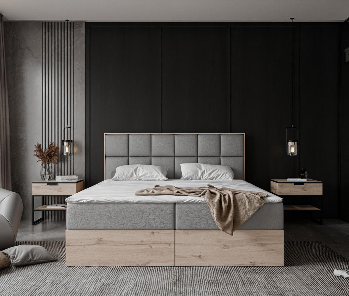 BOXBETT LAVIO II 160/200 cm, in Grau, mit Matratze und Topper - Grau, Holzwerkstoff/Textil (160/200cm) - Idohome