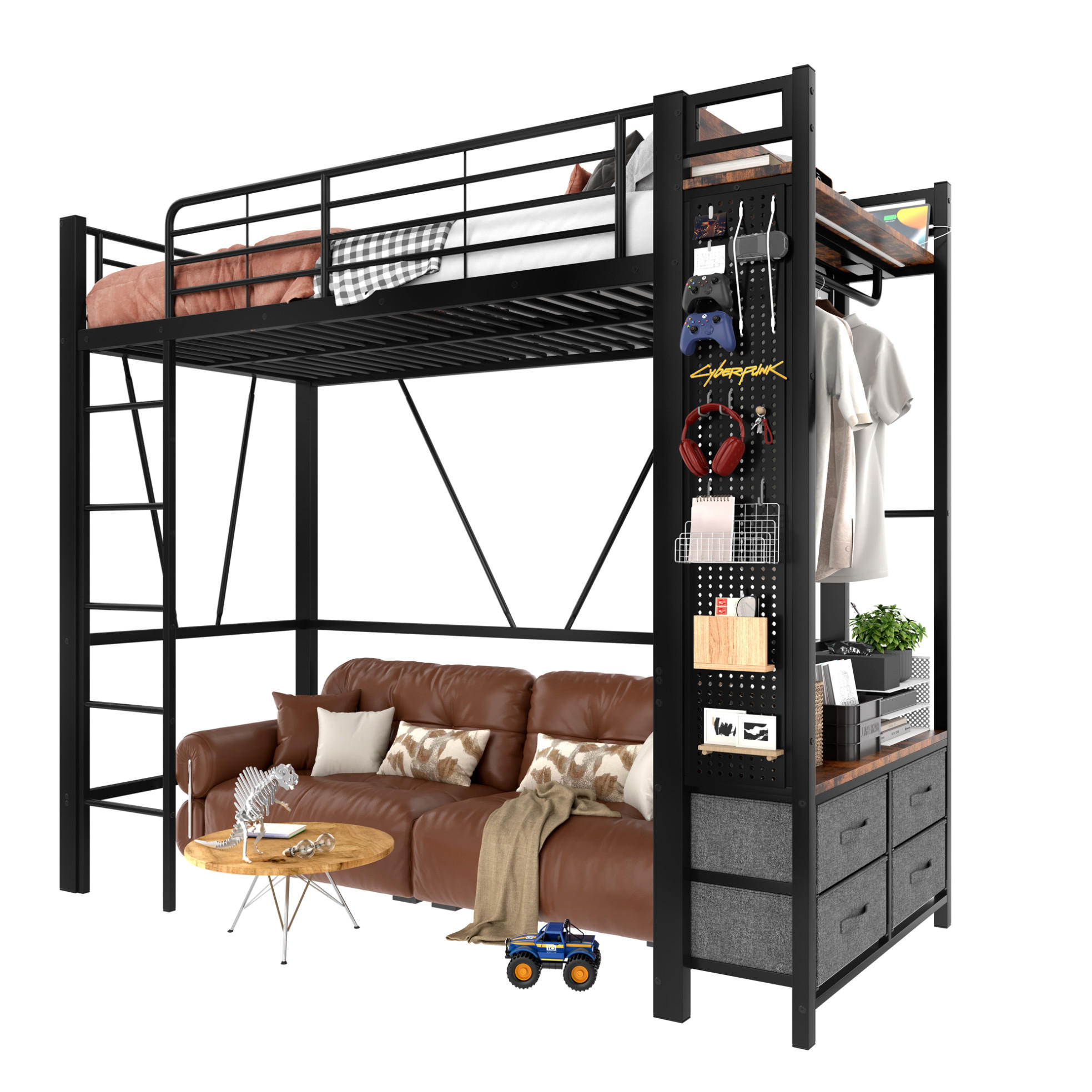 HOCHBETT 90/200 cm aus Metall mit LED-Leiste, USB-Typ-C und 4 Schubladen Schwarz - Schwarz, Metall (90/200cm) - Modenvie