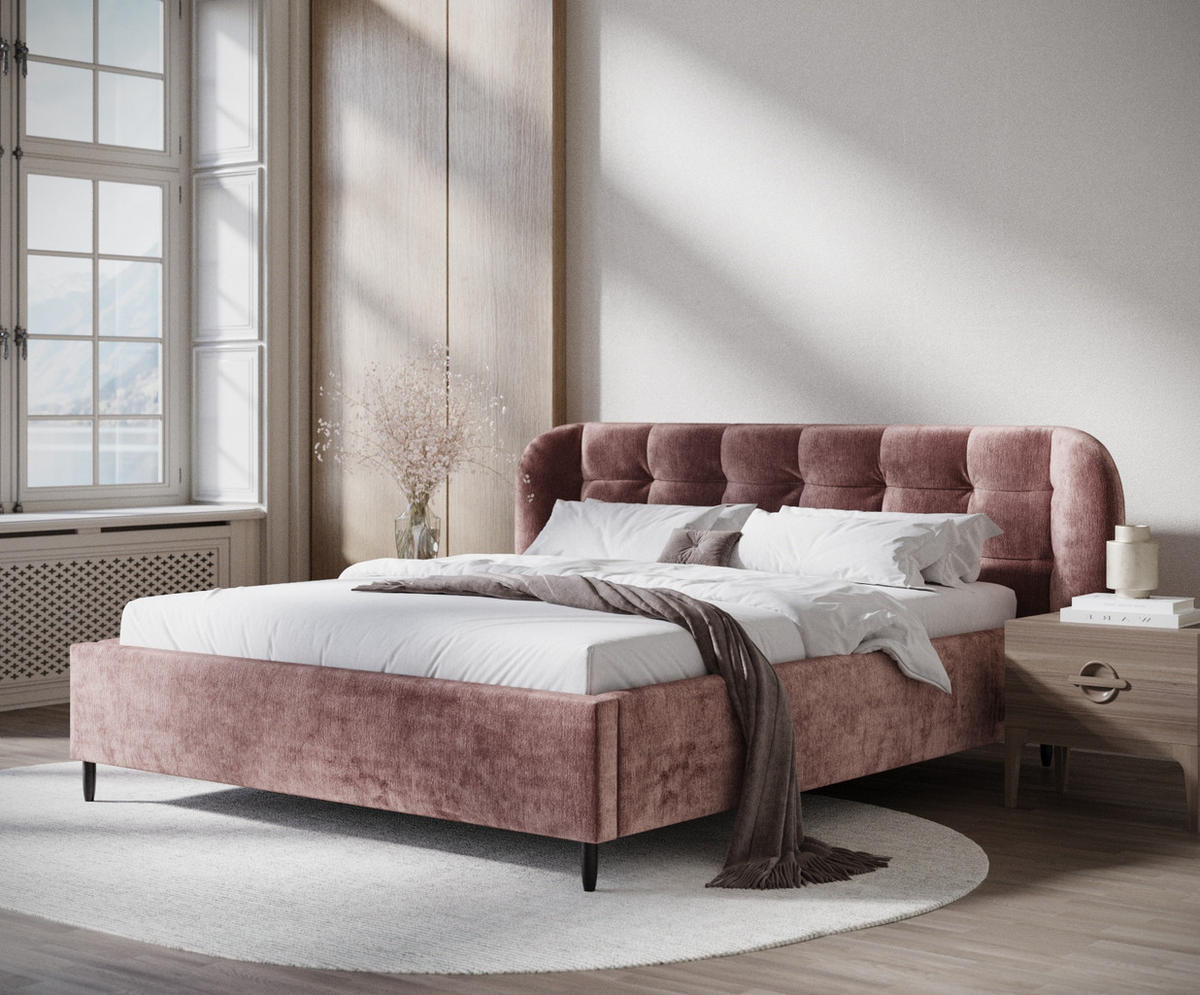 POLSTERBETT Nuno Rosa 160/200 cm im Chenille-Stoff - Pink/Schwarz, Holz/Holzwerkstoff (160/200cm) - Maison de Reve