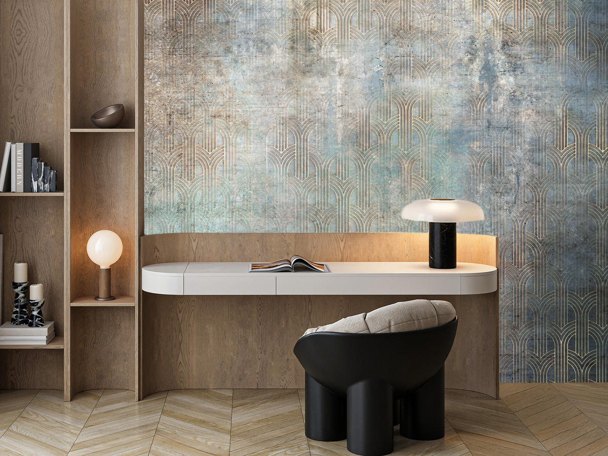 FOTOTAPETE für Wohnzimmer Abstrakter Bogen Mural Geometrie 450x315 - Türkis/Beige, Papier (450/315cm) - Muralo