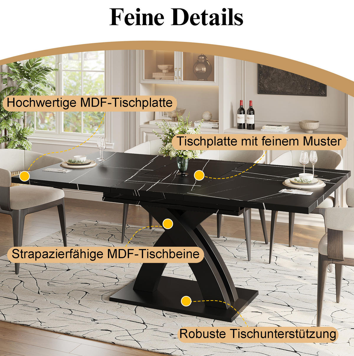 ESSTISCH 120(160)/80/76 cm ausziehbar mit versteckter Einlegeplatte und X-Gestell, Schwarz - Schwarz, Holzwerkstoff (120/80/75cm) - Redom