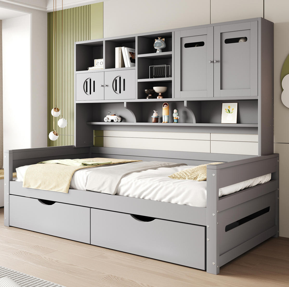 BETT 90/200 cm Grau mit Stauraum und Schubladen aus Holz - Grau, Holz (90/200cm) - Flora Grace