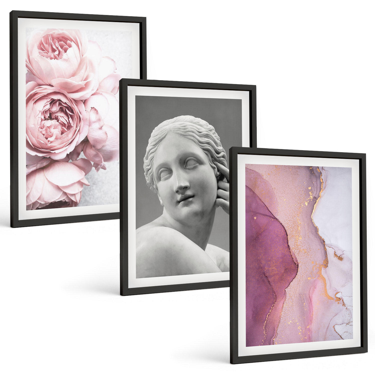 BILDER SET 3er Set - 40x60 cm Schwarzer Rahmen - Pfingstrosen abstrakte Frauenskulptur - Schwarz, Kunststoff (40/60cm) - TULUP