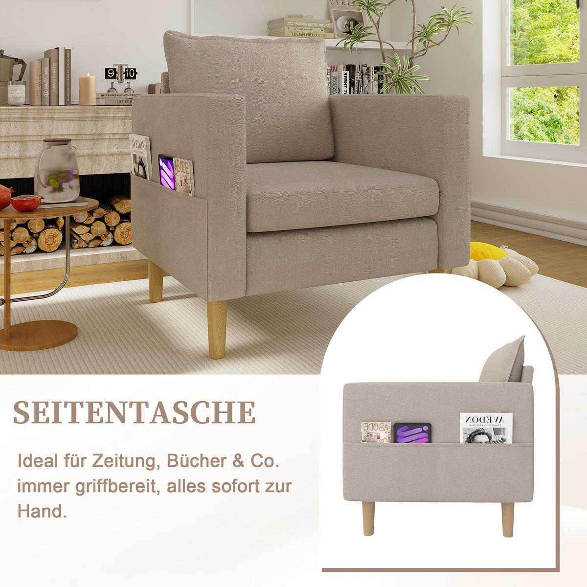 SESSEL Chenille Khaki mit Seitentasche und Kissen - Hellbraun, Holz/Holzwerkstoff (71/82/68cm) - WISHDOR