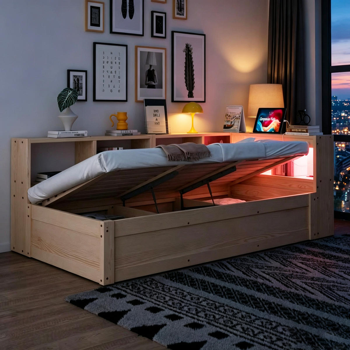 SCHLAFSOFA 90x200cm LED Stauraum Steckdose Massivholz - Naturfarben, Holzwerkstoff (90/200cm) - FLIEKS