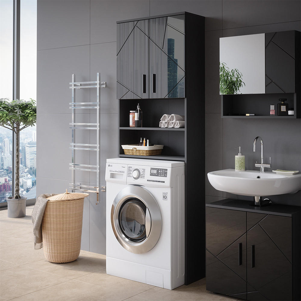 WASCHMASCHINENSCHRANK Irma Anthrazit 64 x 190.5 cm - Schwarz Hochglanz/Anthrazit, Holzwerkstoff (64/190.5/26cm) - Vicco