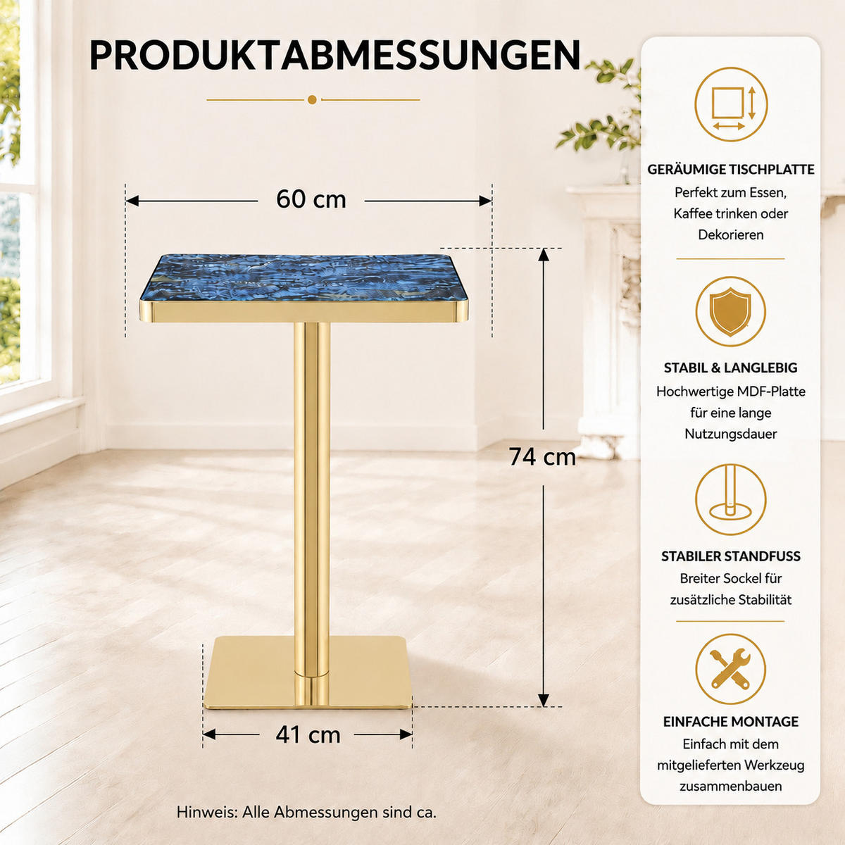 BARTISCH 60/60/74 cm mit Marmor-Optik DE-40025 Blau - Blau, Metall (60/60/74cm) - ComfortXL