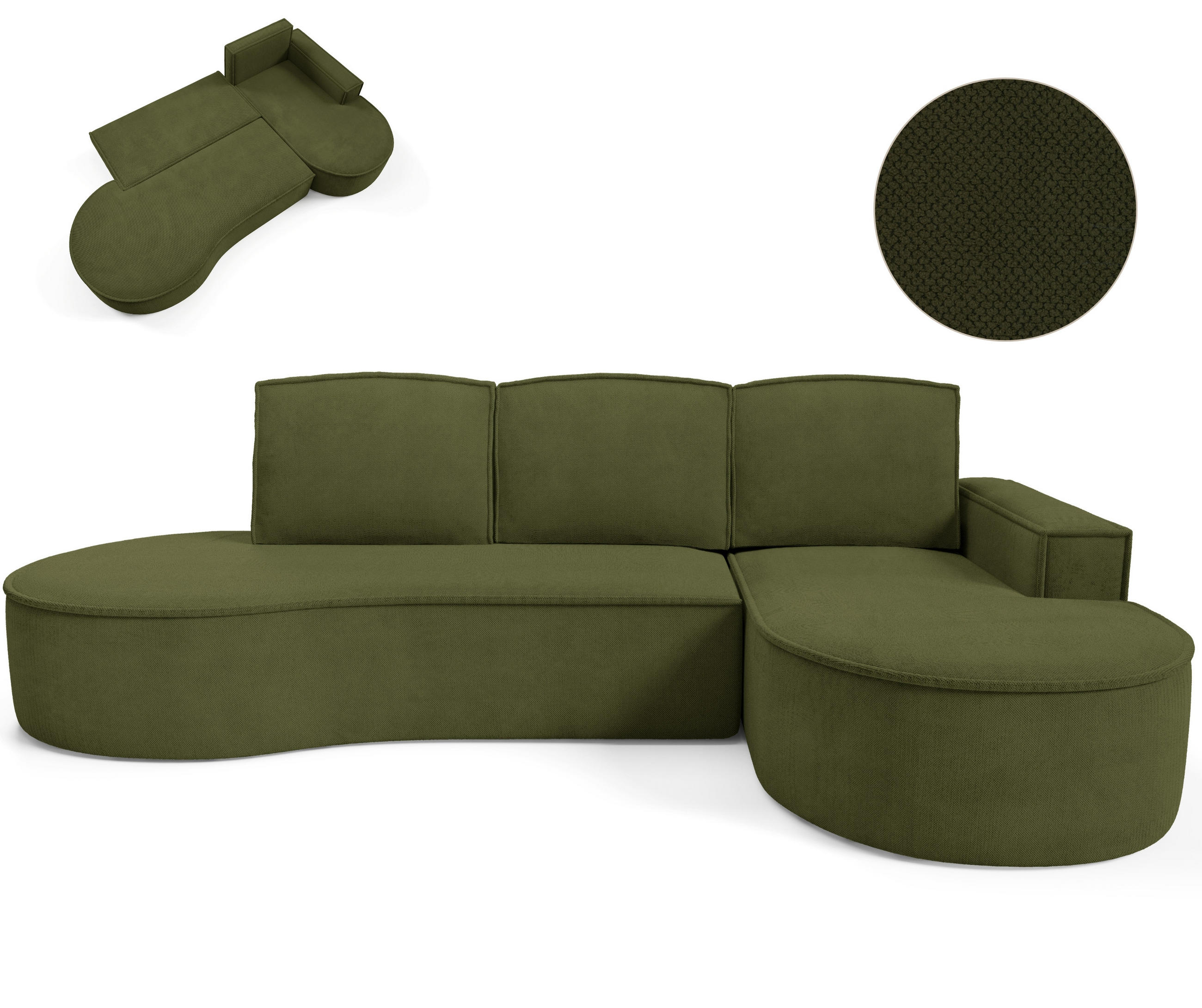 ECKSOFA MOLLY mit Schlaffunktion – Halbrund, freistehend, Liegefläche 140x207 cm, 3 Kissen, Curio-Stoff, 277x157x88 cm, Rechts, Grün - Olivgrün, Holz/Textil (277/157cm) - DomoHome