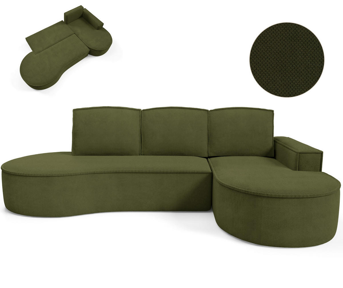ECKSOFA MOLLY mit Schlaffunktion – Halbrund, freistehend, Liegefläche 140x207 cm, 3 Kissen, Curio-Stoff, 277x157x88 cm, Rechts, Grün - Olivgrün, Holz/Textil (277/157cm) - DomoHome
