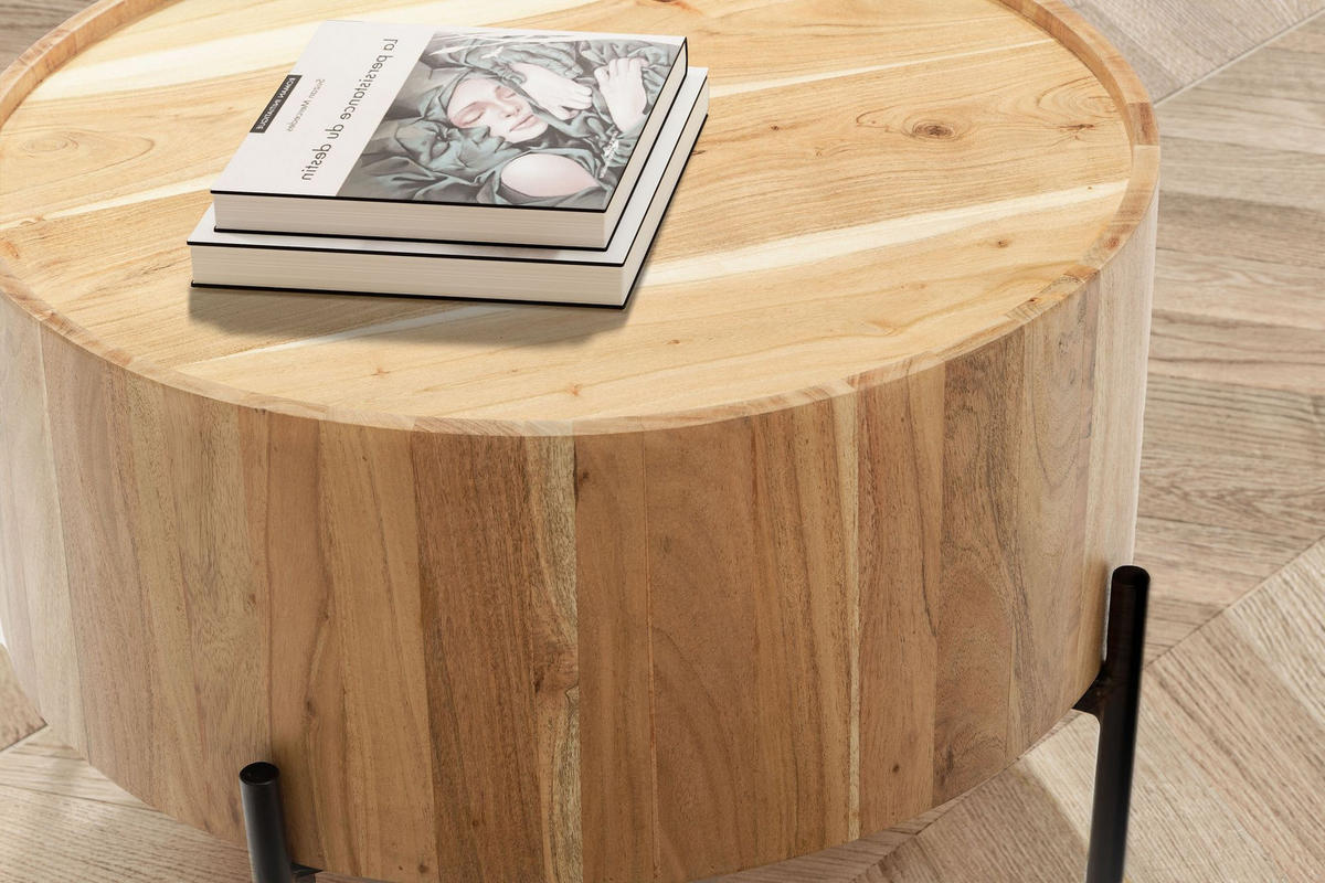 COUCHTISCH Akazie Massivholz Rund 60x60x41cm Metallgestell Braun/Schwarz - Schwarz/Akaziefarben, Holz/Metall (60/60/41cm) - KADIMA DESIGN