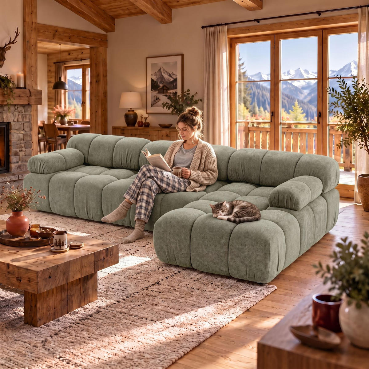MODULARES Ecksofa MOMENTUM L, Rechts, Breite 282 cm, strukturierter Stoff, Grün - Chromfarben/Grün, Holz/Textil (155/282cm) - Muffo