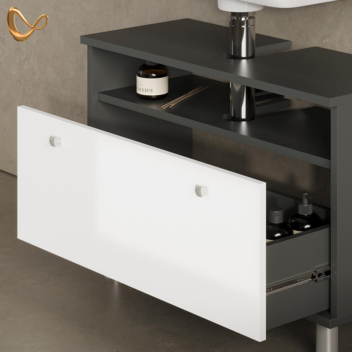 WASCHBECKENUNTERSCHRANK Fucino Weiß Hochglanz/Anthrazit 80.2 x 54 cm mit Schublade - Weiß Hochglanz/Anthrazit, Holzwerkstoff (80.2/54/32cm) - Livinity®