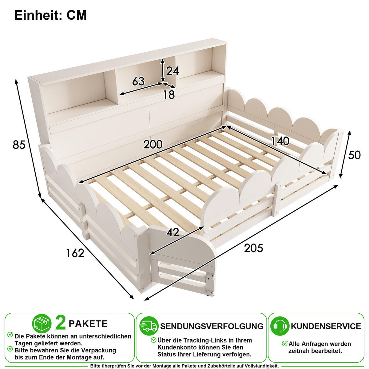 BODENBETT 140/200 cm in Weiß mit Regal, Tür und Rausfallschutz aus Holz - Weiß, Holz/Holzwerkstoff (140/200cm) - CHICFURN