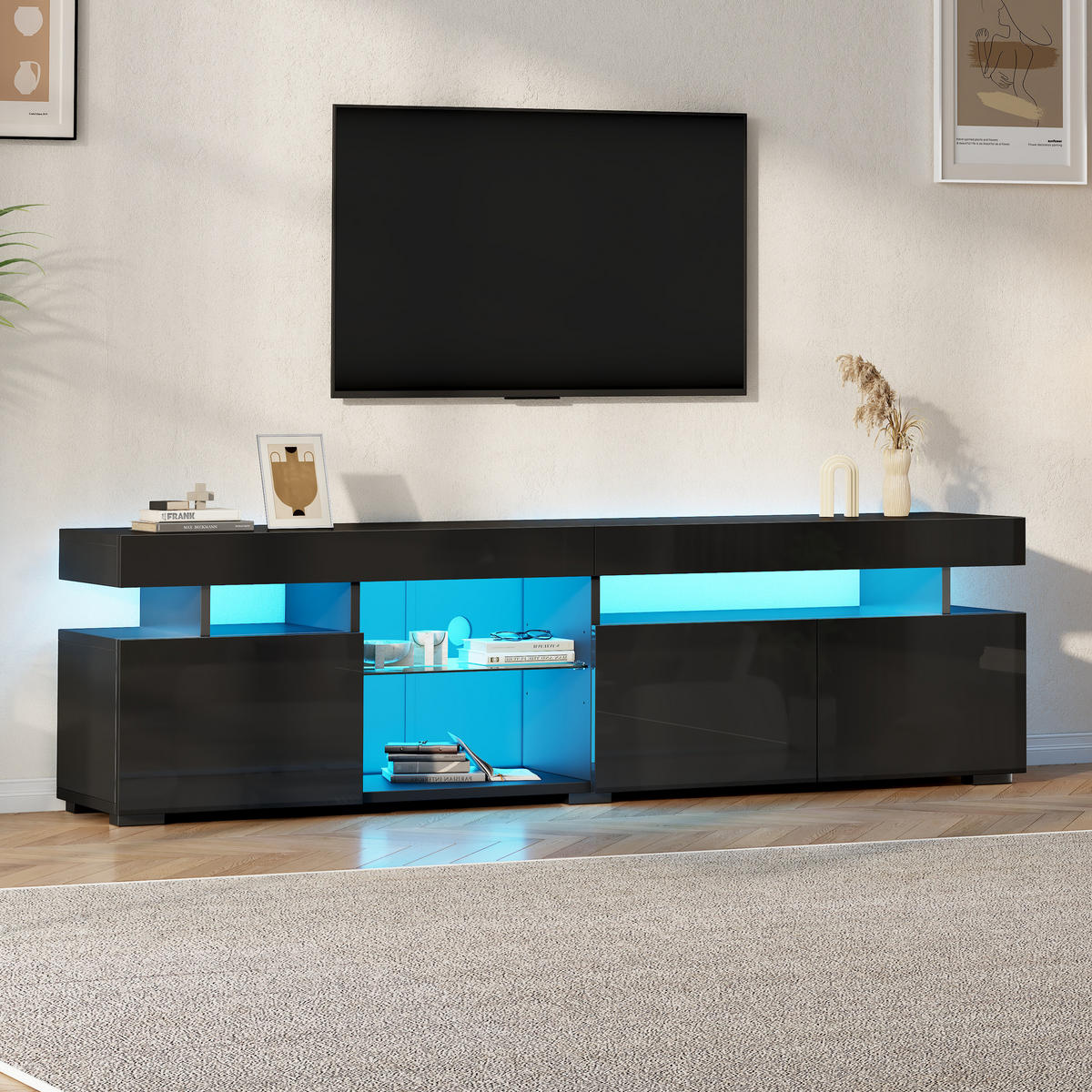 TV-LOWBOARD 180x35x45 cm Schwarz Hochglanz 3 Türen Glas Einlegeböden - Schwarz, Holzwerkstoff (35/45/180cm) - FLIEKS