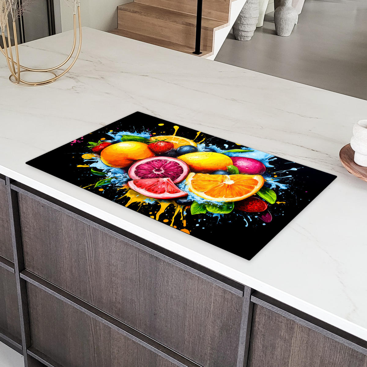 HERDABDECKPLATTE Obst - Graffiti - Bunt - Orange - Erdbeere - Abstrakt 91x52 cm - Orange, Kunststoff (91.2/0.2/52cm) - MuchoWow