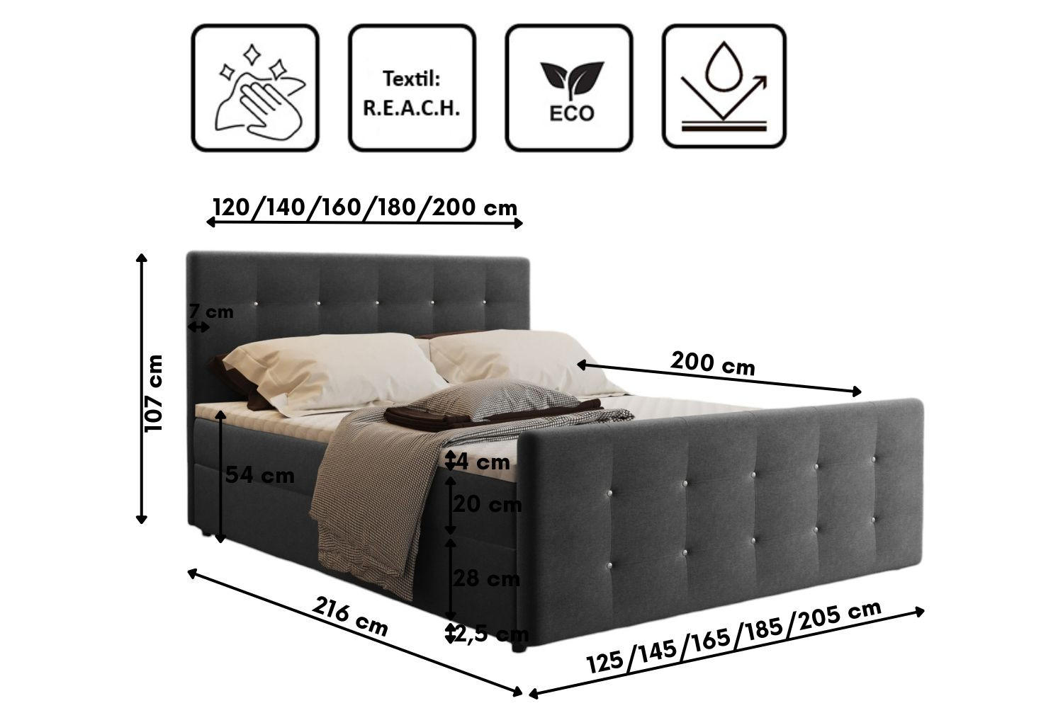 Thumbnail - Kaiser Möbel Boxbett, Graphit, Textil, H3, Höhe ca. 20 cm, 120x200 cm, Oeko-Tex® Standard 100, Schlafzimmer, Betten, Box...