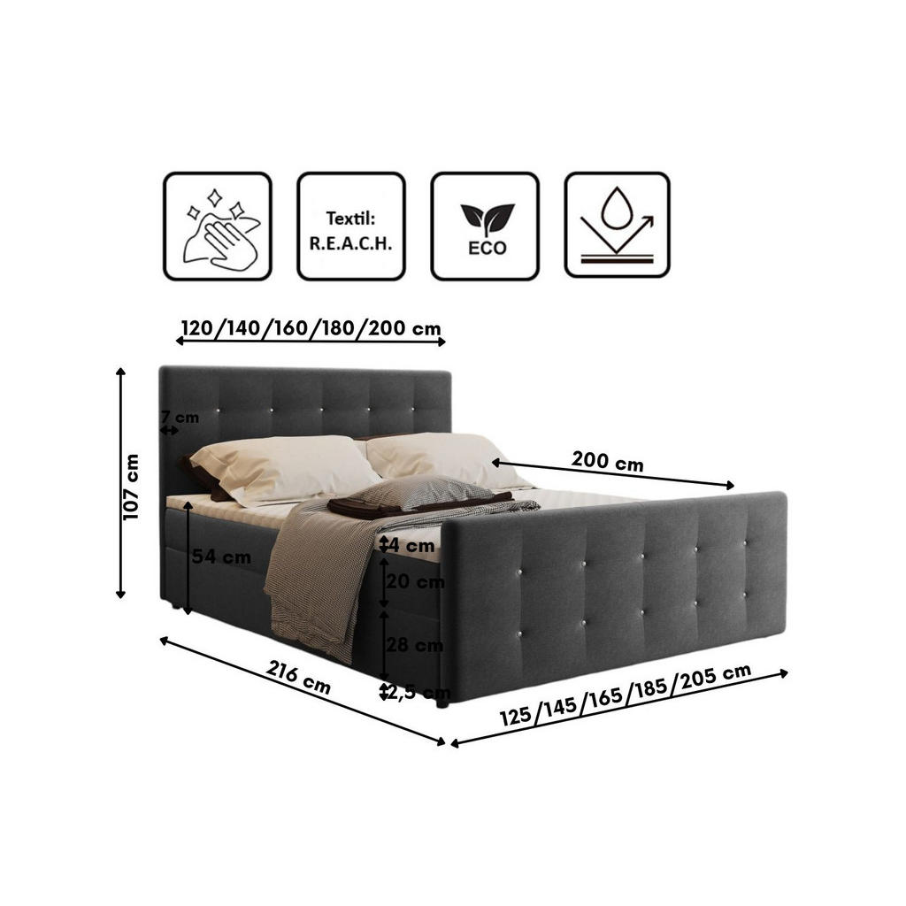 Thumbnail - Kaiser Möbel Boxbett, Graphit, Textil, 2 Schubladen, H2, 7-Zonen, Höhe ca. 20 cm, Rechteckig, 200x200 cm, Schlafzimmer, ...