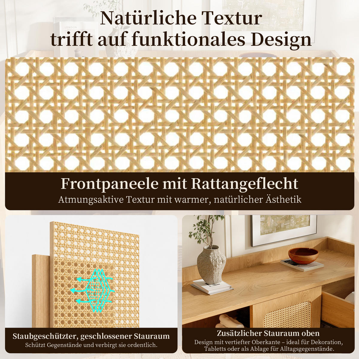 SIDEBOARD 120x40x91 cm Eiche mit Rattan und 3 Türen - Eichefarben, Holz (120/91/40cm) - FLIEKS