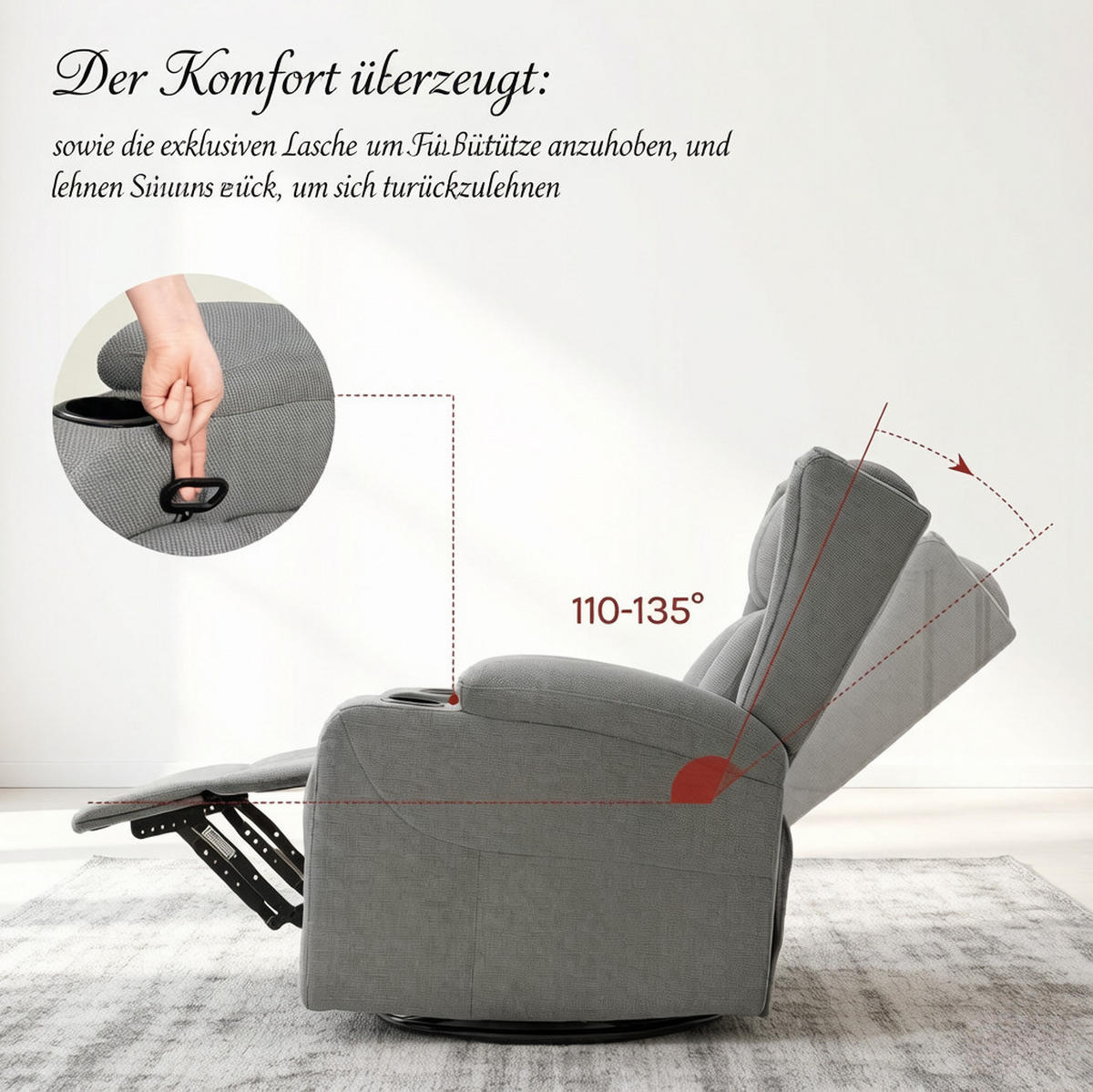 RELAXSESSEL in Grau 94,5x87x103,5 cm mit verstellbarer Rückenlehne, Fußstütze und 360°-Drehfunktion - Grau, Textil (87/103.5/94.5cm) - IVMEU