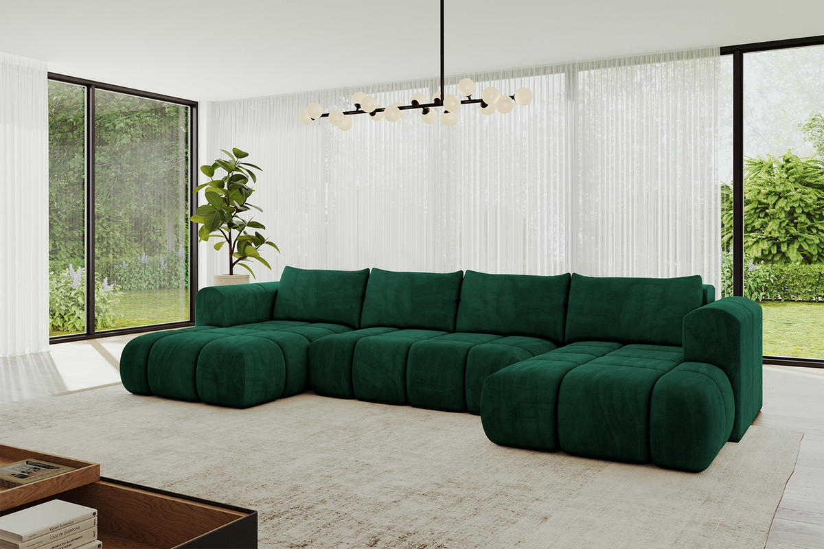 WOHNLANDSCHAFT Ottomane Links CLOUD-U 414x180x40 Dunkelgrün Velours - Dunkelgrün, Holzwerkstoff/Kunststoff (414/90/180cm) - ALTDECOR