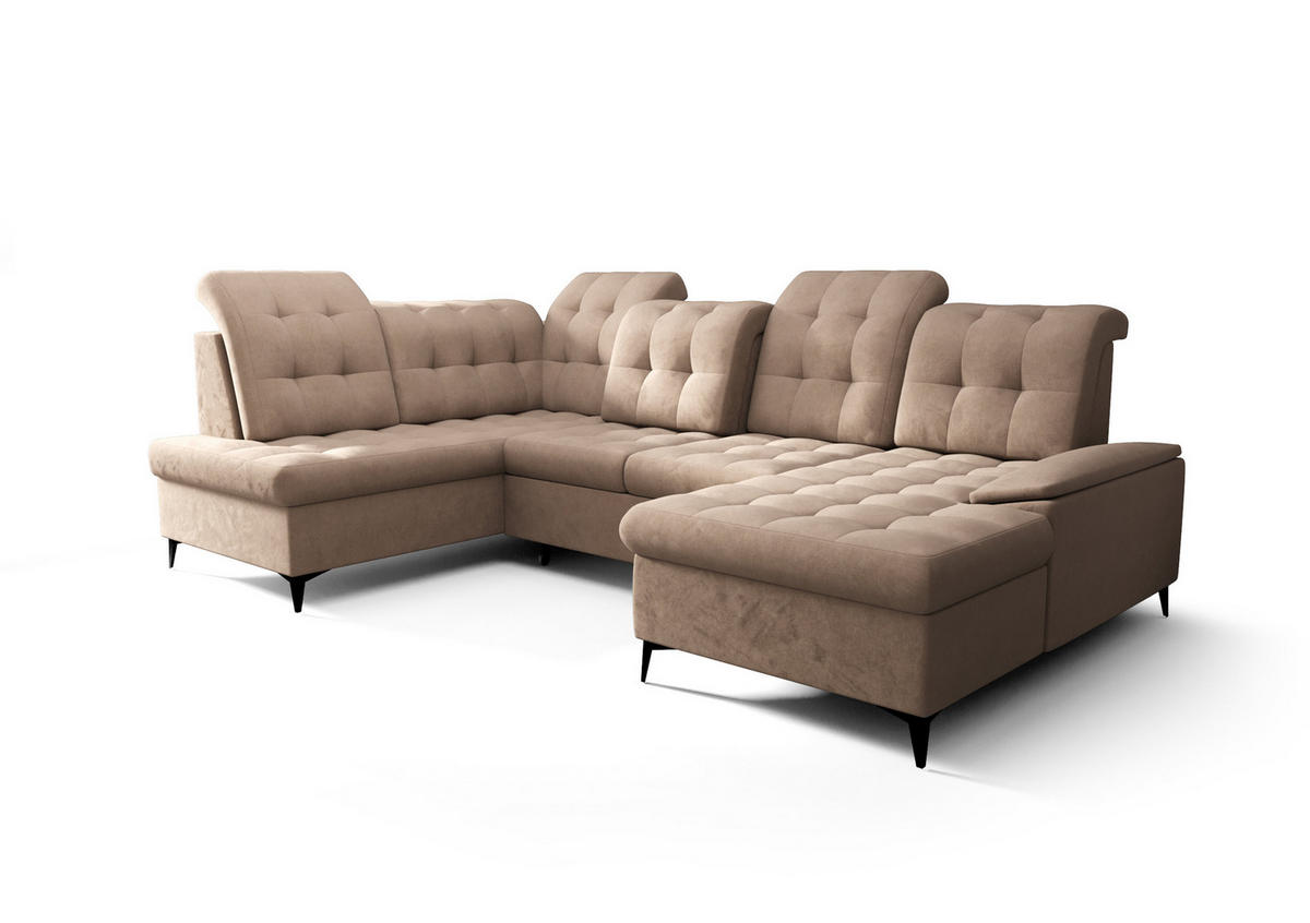 WOHNLANDSCHAFT KONGO RBN17, Eckcouch in U-Form mit Schlaffunktion, Farbe: Beige, Velourstoff, Ottomane Rechts - Beige, Textil (343/107/210cm) - O-Sofa