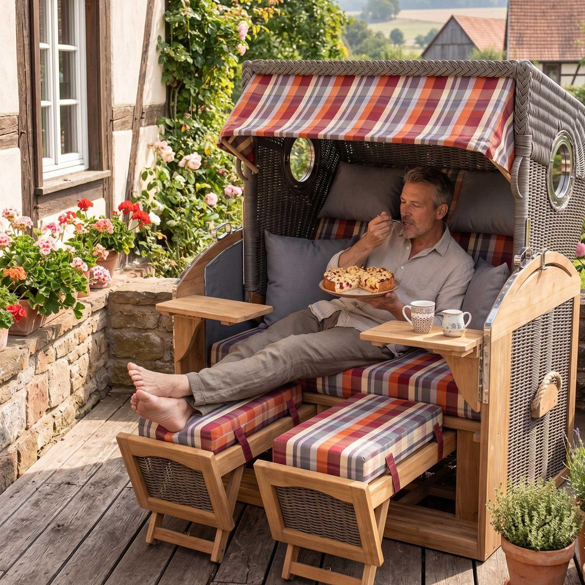 STRANDKORB XL Schillig Bullauge - Rot/Braun, Metall (142/170/95cm) - Mr. Deko