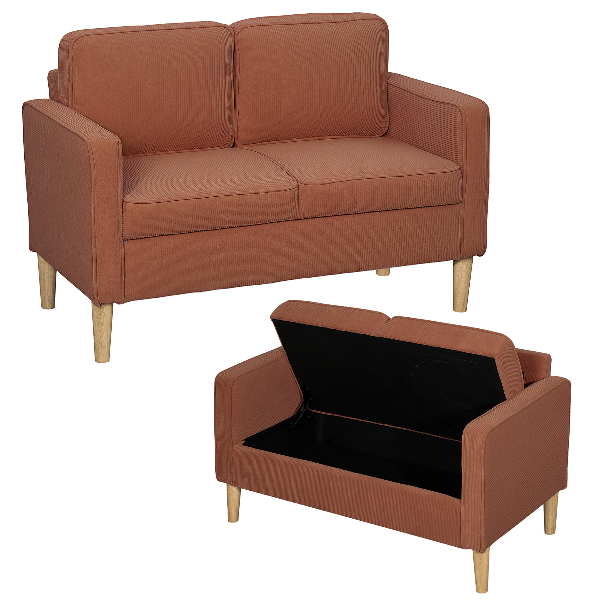 ZWEISITZER-SOFA DE-06479 solide Holzbeine, Cordbezug Orange - Orange, Holz/Textil (117/79/63cm) - ComfortXL