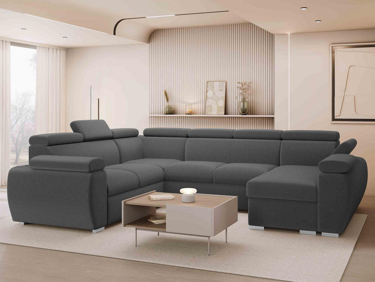 WOHNLANDSCHAFT Boston U, Seite: Rechts - 2R+R+2P+LC - Chromfarben/Grau, Holz/Textil (325/98/260cm) - MIRJAN24