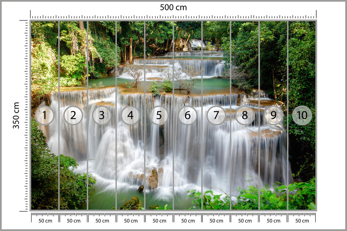 FOTOTAPETA Pre Jedáleň Panoráma Lesný Vodopád Stromy Rastliny Príroda 500 x 350 cm - hnedá/sivá, papier (500/350cm) - Muralo